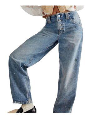 We The Free Maryel Mid-Rise Boyfriend Jeans Women Size 26 Blue Distressed Wide L